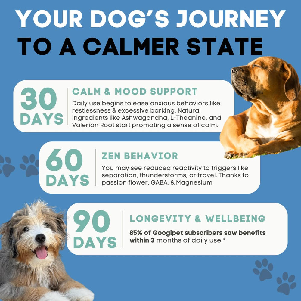 Googipet Daily Hemp Calming Chews ingredient closeup highlights Ashwagandha and Valerian.