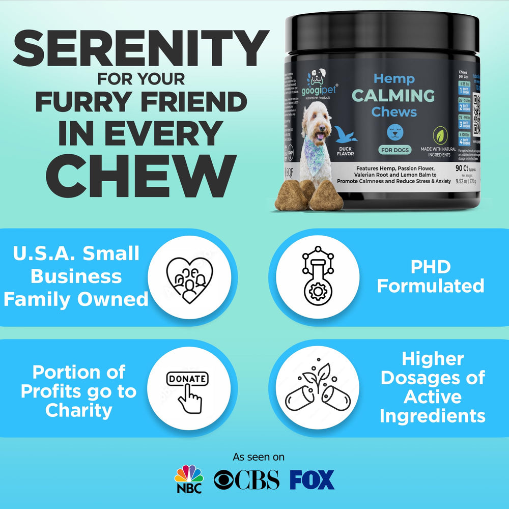 Googipet Daily Hemp Calming Chews production backdrop reinforces GMP and SQF compliance.