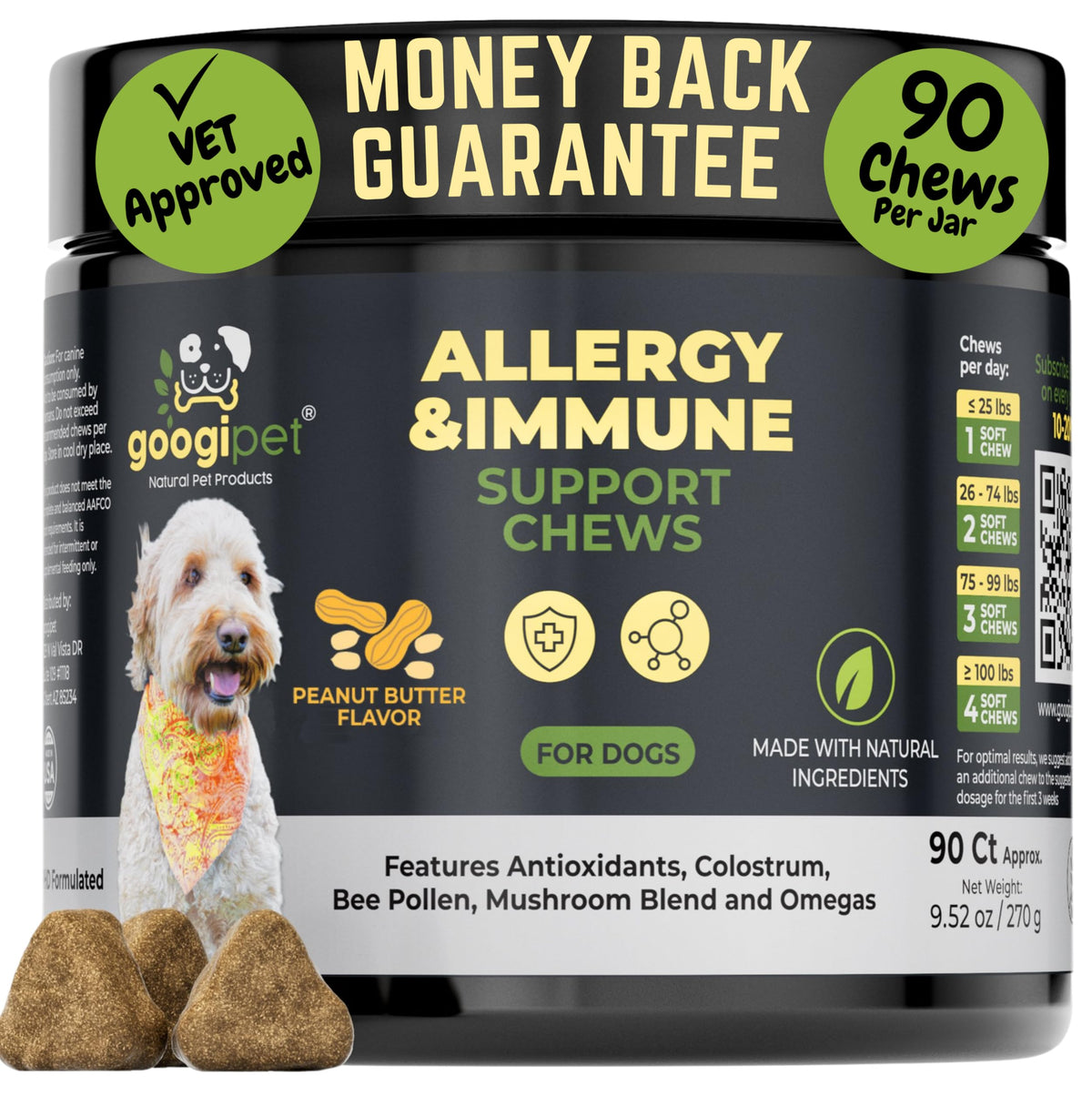 Googipet dog allergy chews peanut butter bottle promotes easy dosing for seasonal relief.