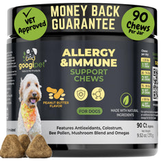 Googipet dog allergy chews peanut butter bottle promotes easy dosing for seasonal relief.