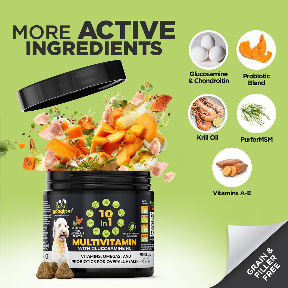 GOOGIPET Premium 10-in-1 with pumpkin and sweet potato supports digestion.