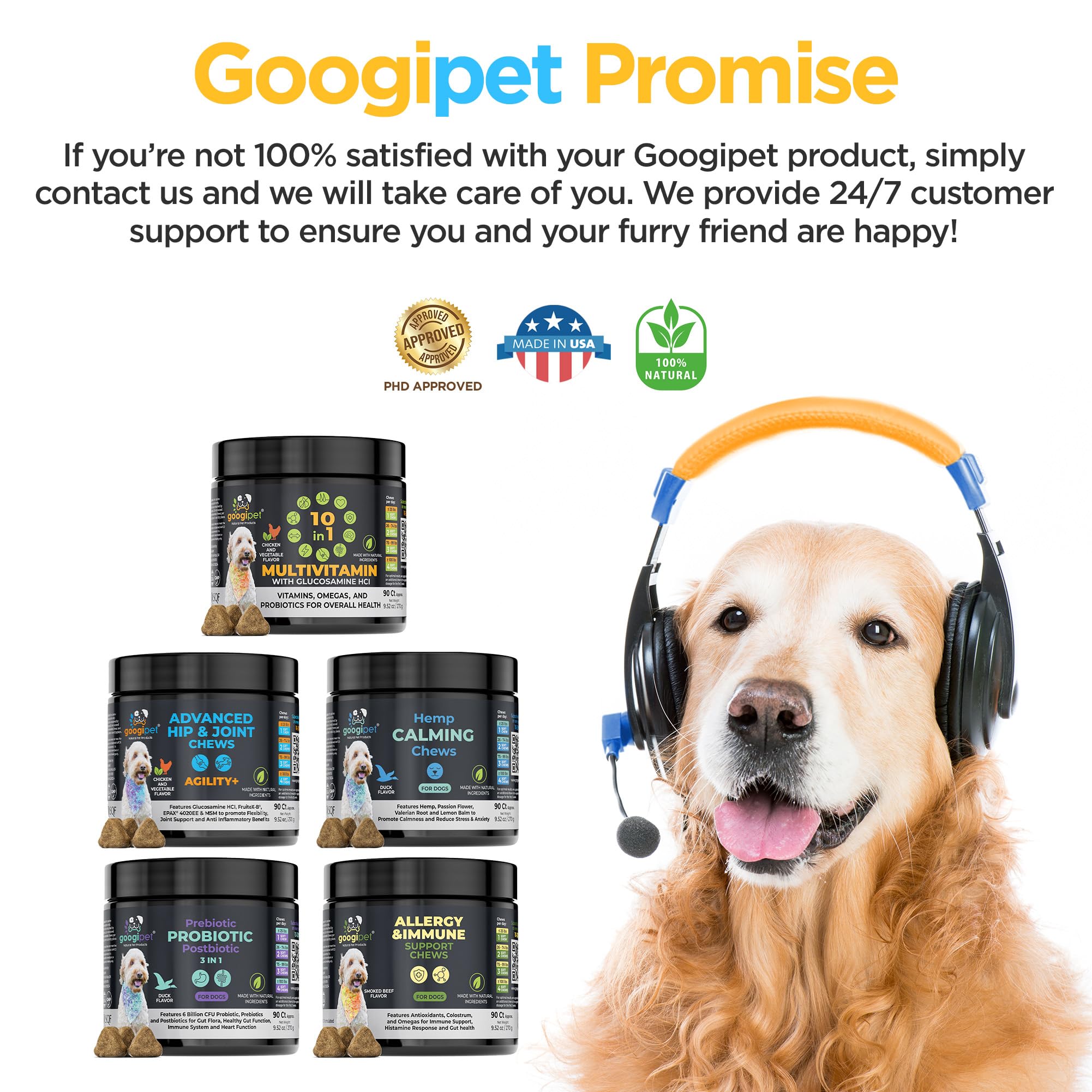 Googipet Premium USA-made facility badge emphasizes GMP and SQF safety.