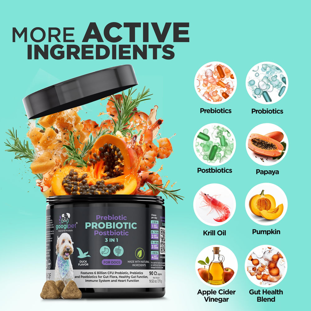 Googipet Probiotics fiber enzyme blend visual conveys digestion-friendly formula.