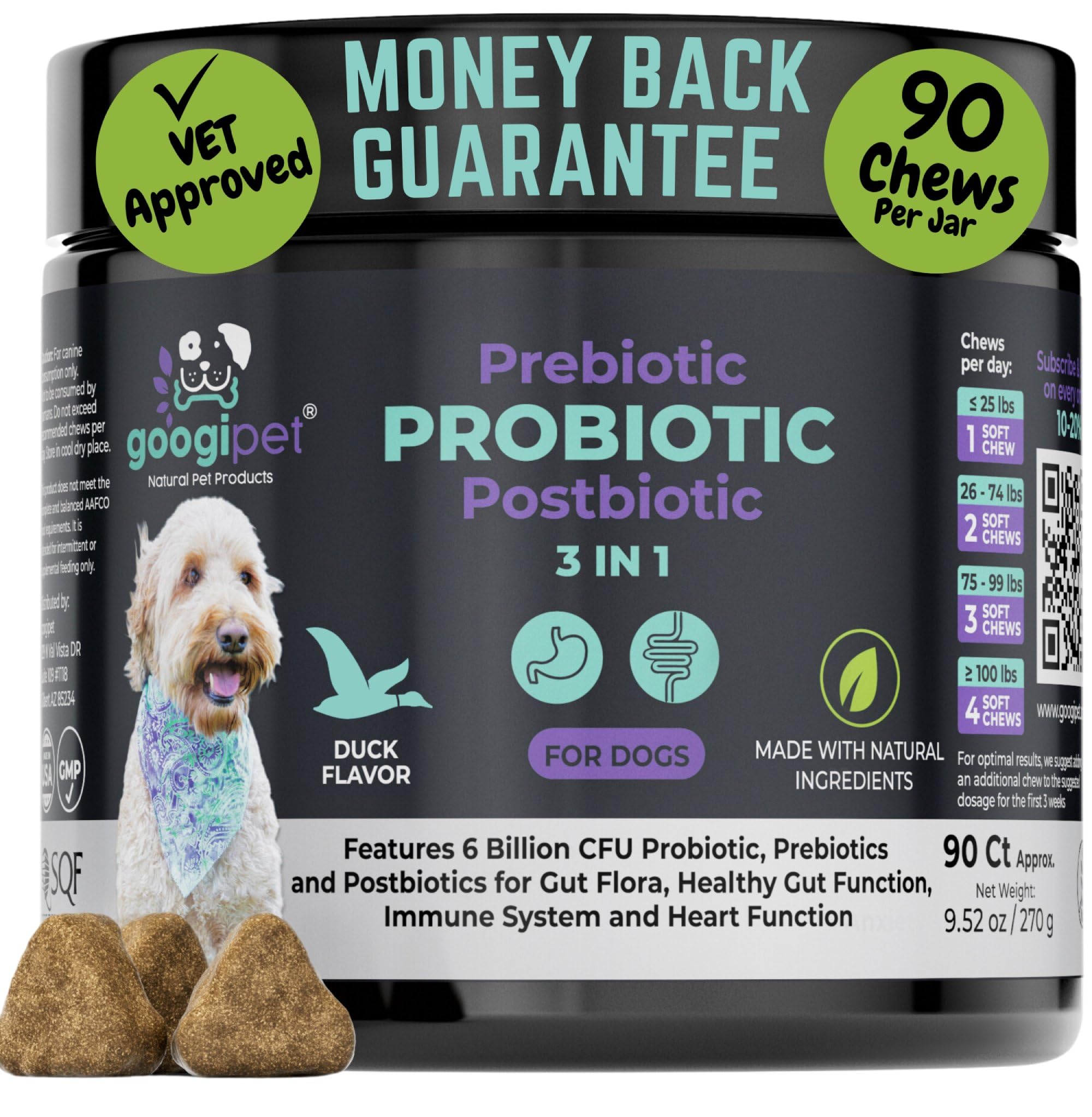 Googipet Probiotics bottle label shows potency for canine gut support and easy dosing.
