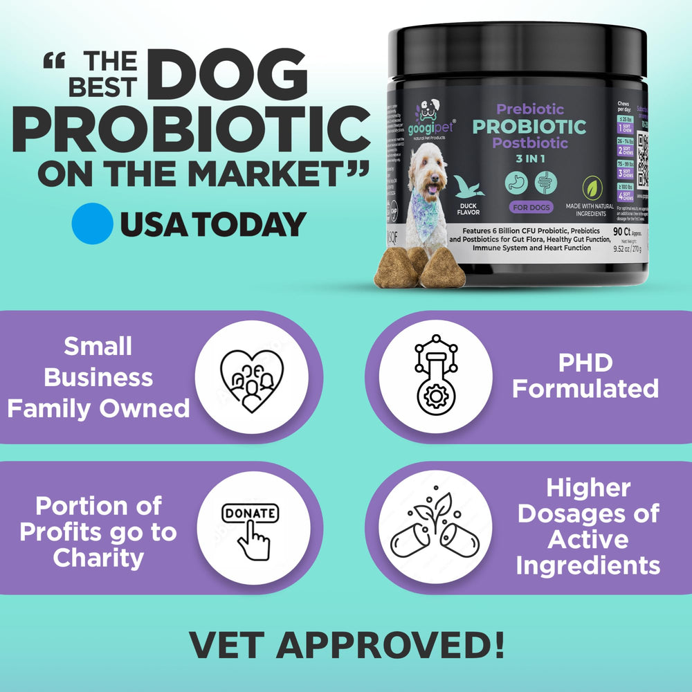 Googipet Probiotics soft chews closeup suggests tasty texture and gut-friendly nutrition.