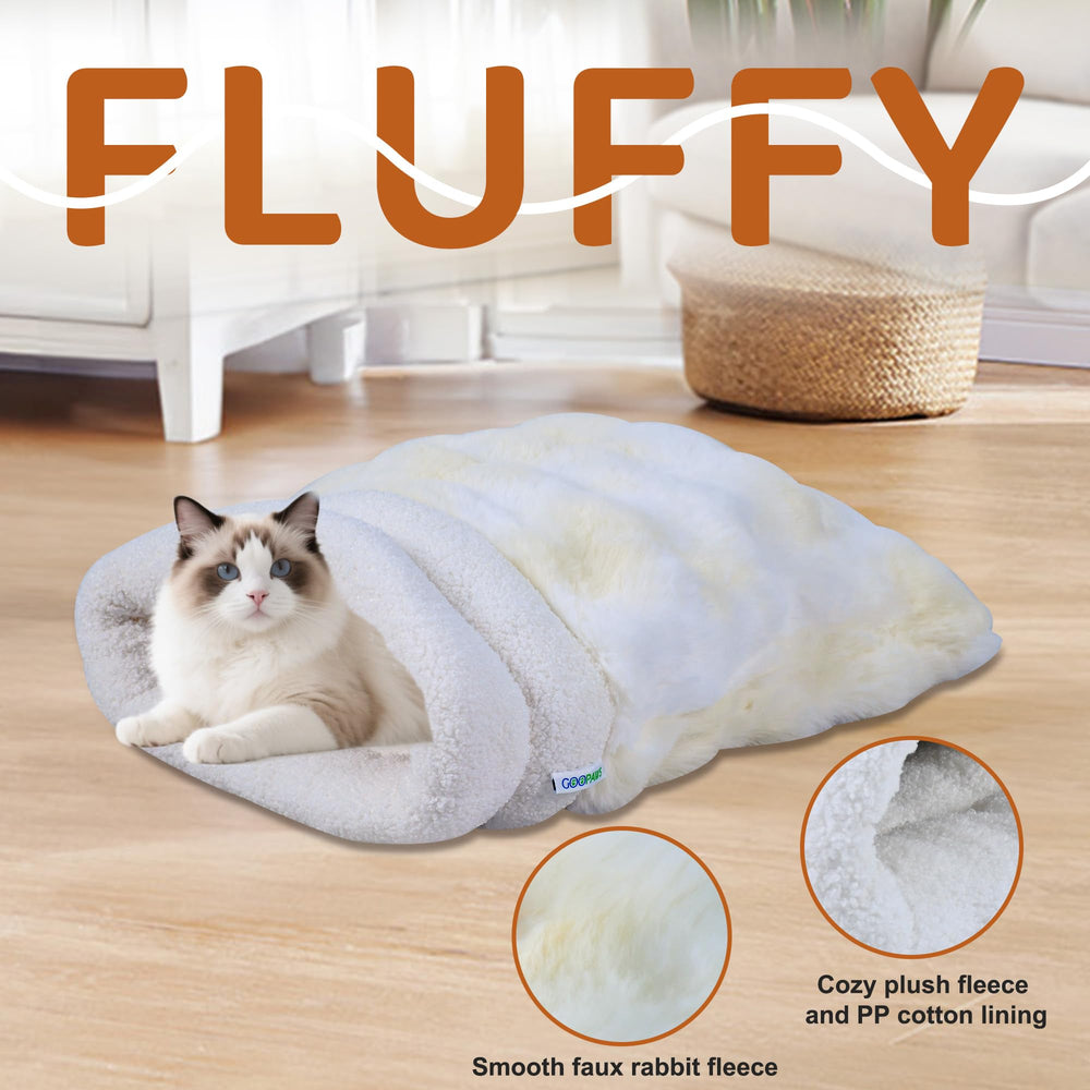 GOOPAWS 4-in-1 self-warming burrow cat bed Style2 Cream closeup faux rabbit fur.