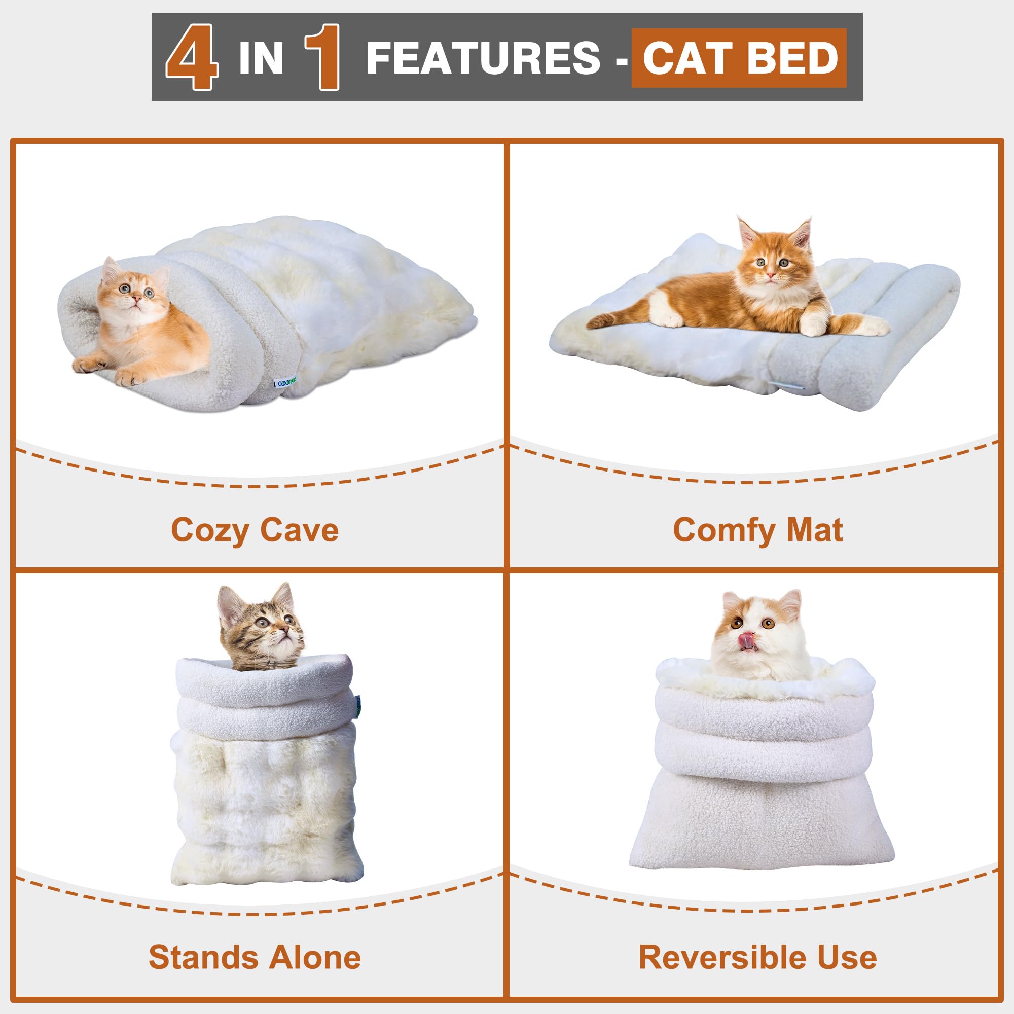 GOOPAWS 4-in-1 self-warming burrow cat bed Style2 Cream semi-enclosed nest.