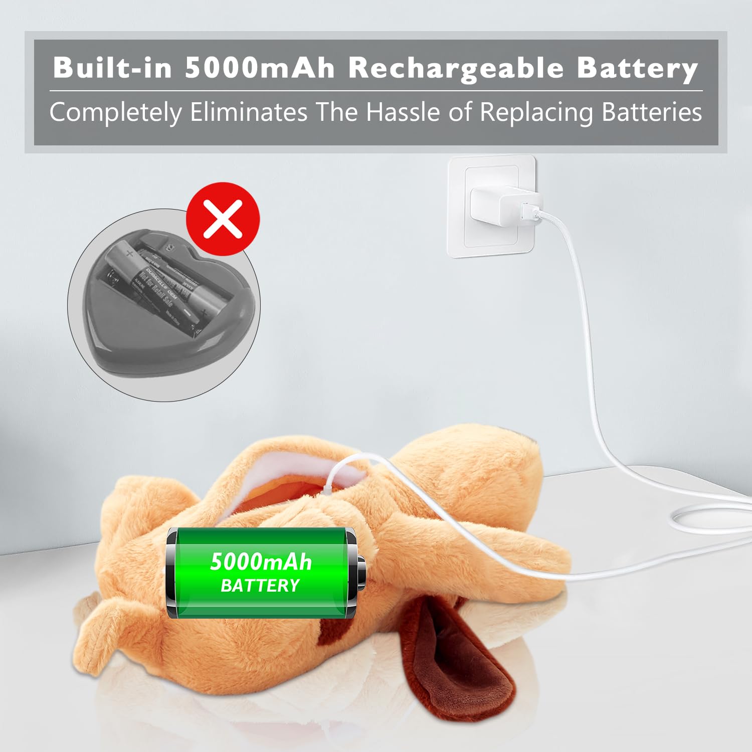 Goopow Heartbeat Puppy Toy USB rechargeable battery for long play sessions.