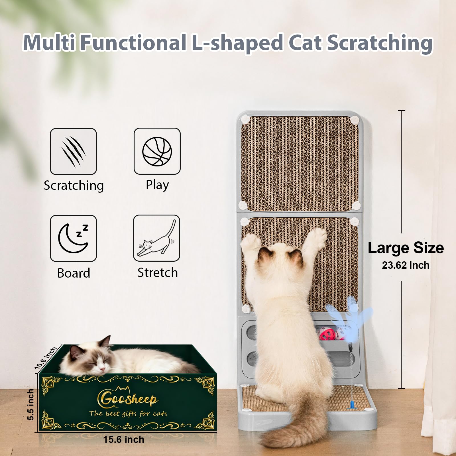 Goosheep 2-in-1 design saves space by combining two scratchers.