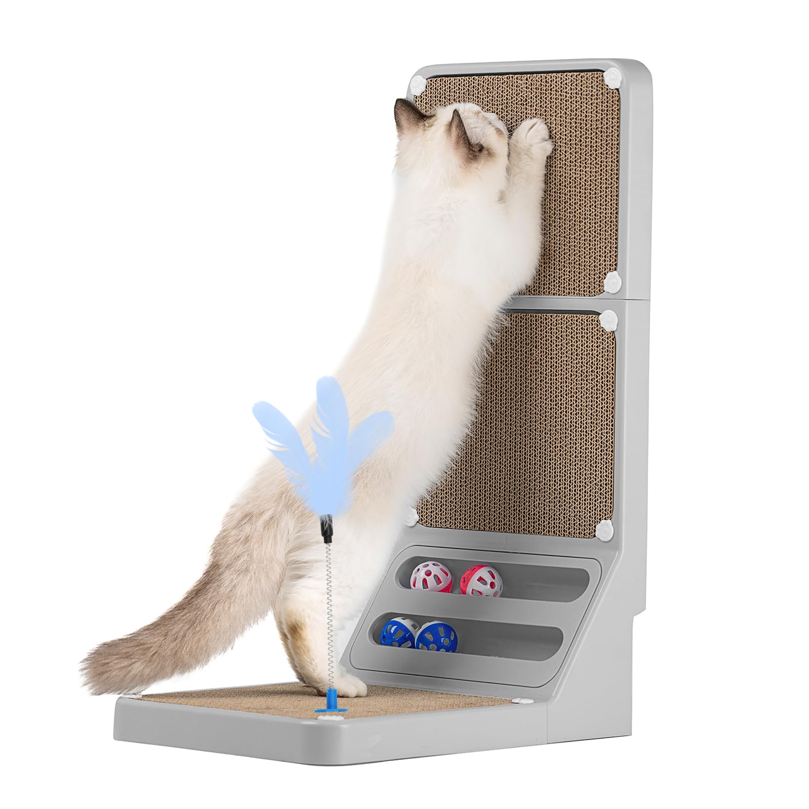 Goosheep L-shaped scratcher with ball toy keeps indoor cats engaged.