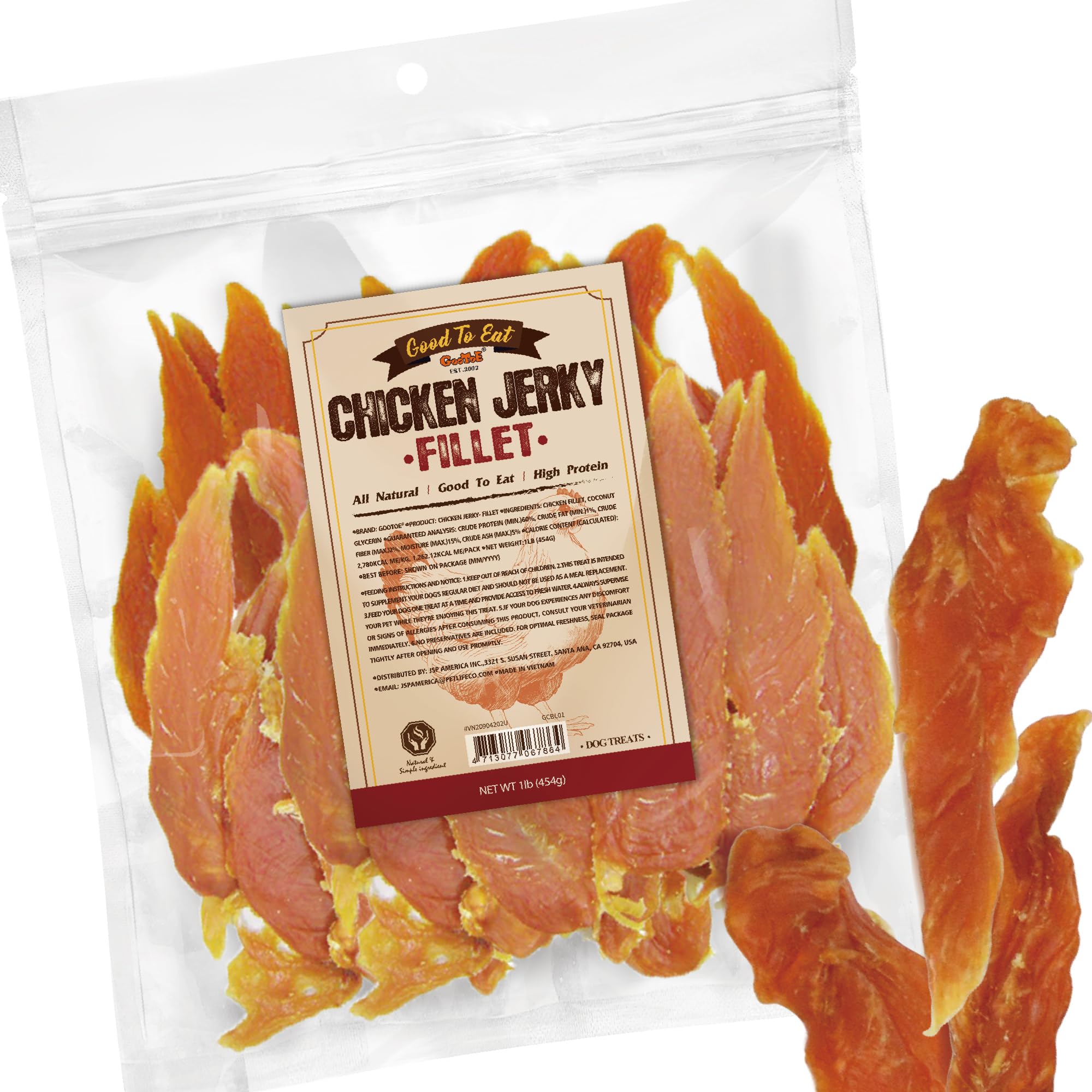 Gootoe chicken jerky dog treat pack shot highlights high protein reward for dogs