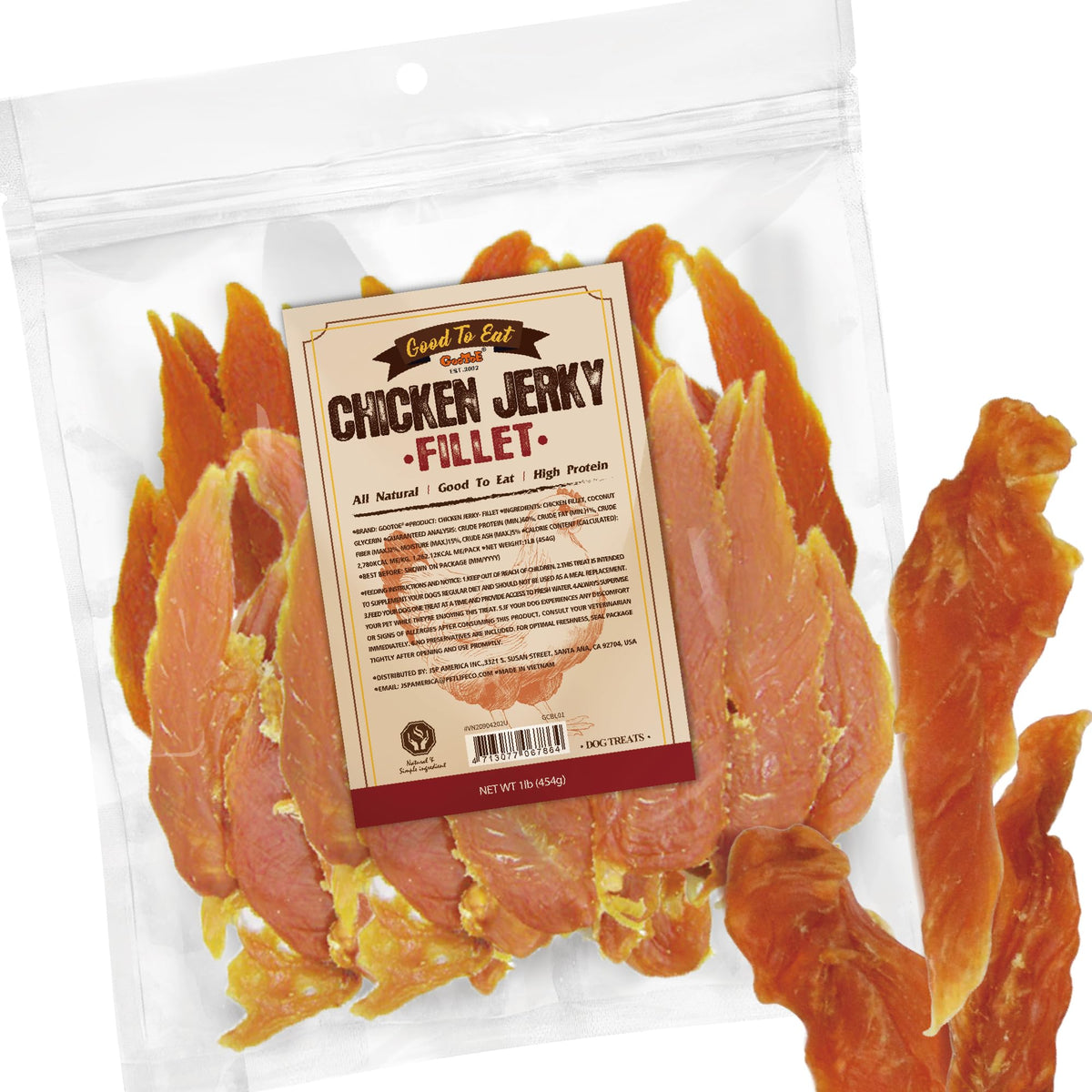 Gootoe chicken jerky dog treat pack shot highlights high protein reward for dogs