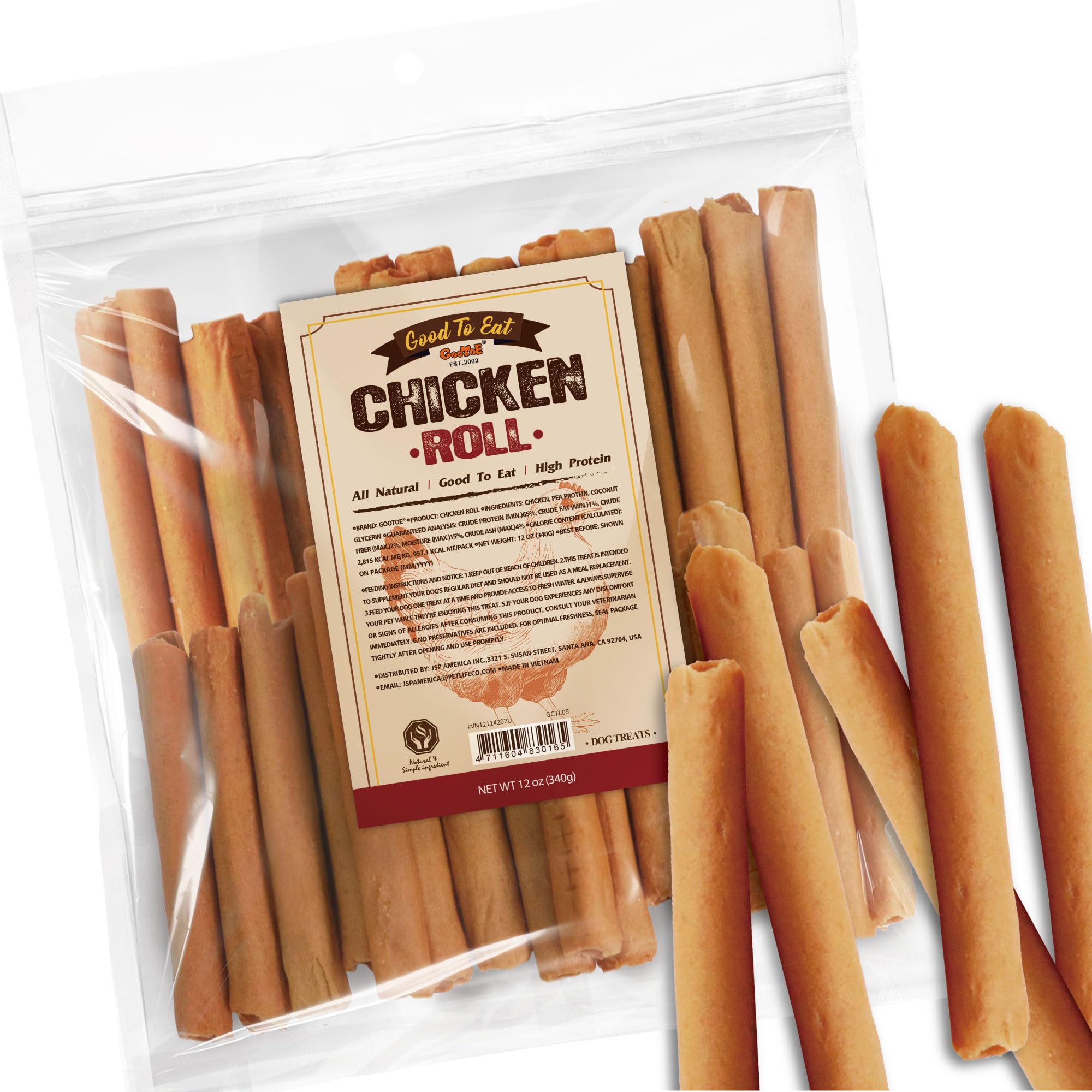 Gootoe dog treats packaging shows chicken jerky roll with resealable pouch for freshness