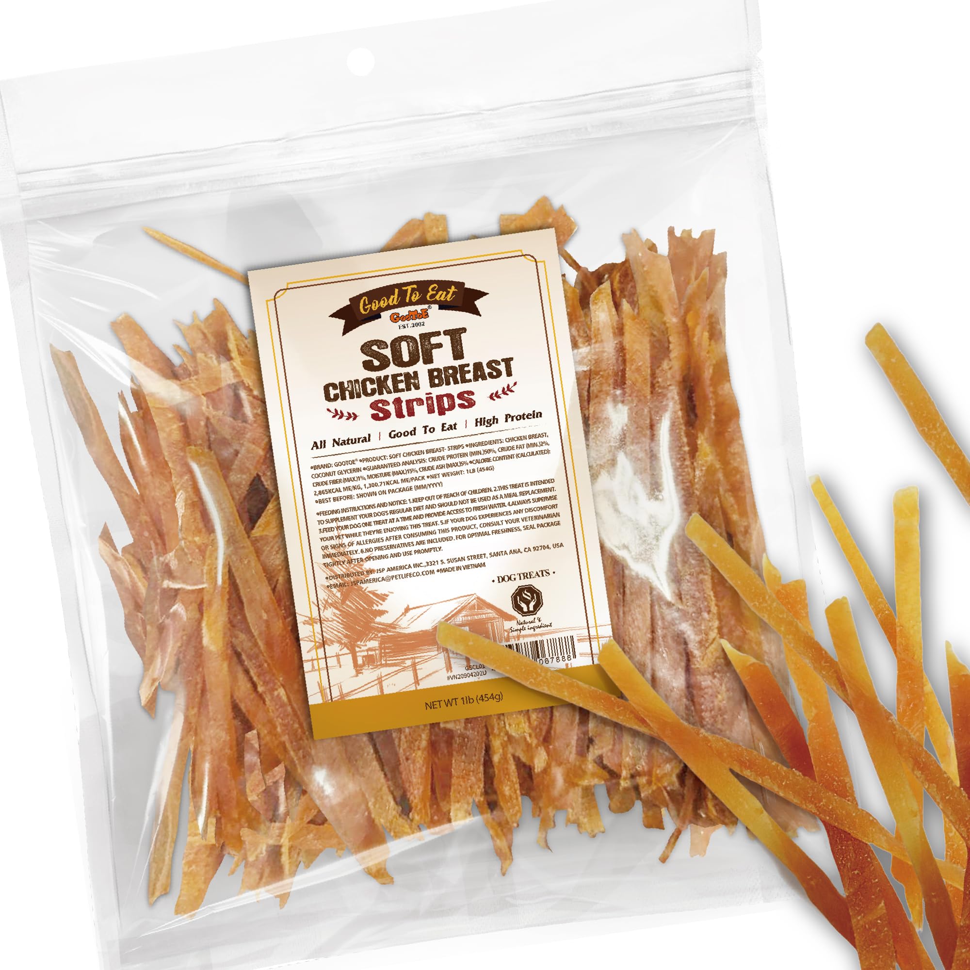 Gootoe Soft Dog Treats packaging shows real chicken jerky, a convenient training reward.