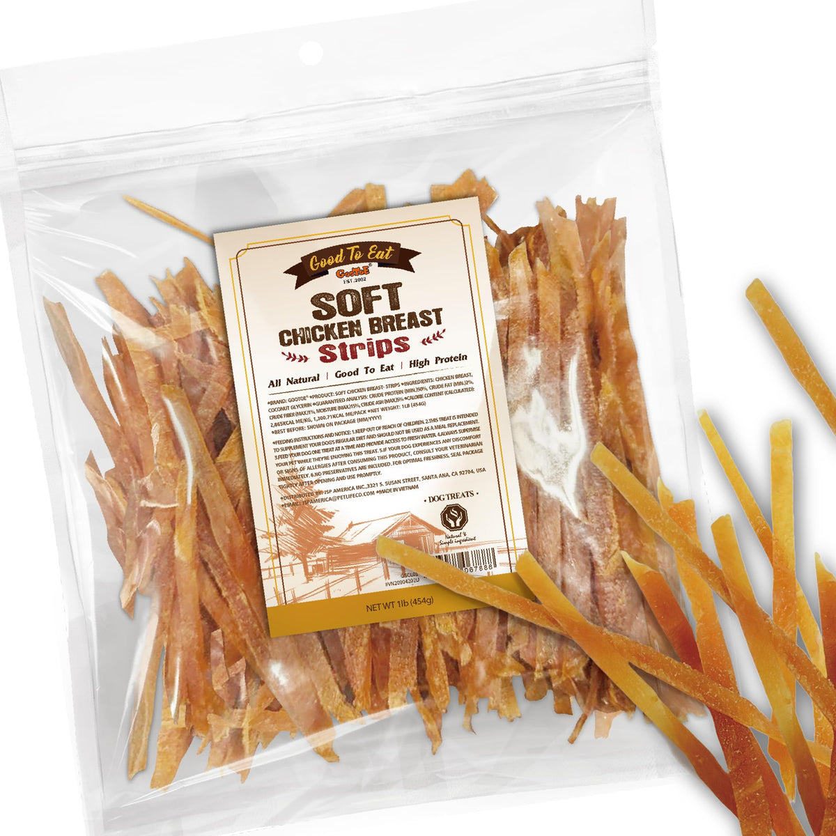 Gootoe Soft Dog Treats packaging shows real chicken jerky, a convenient training reward.