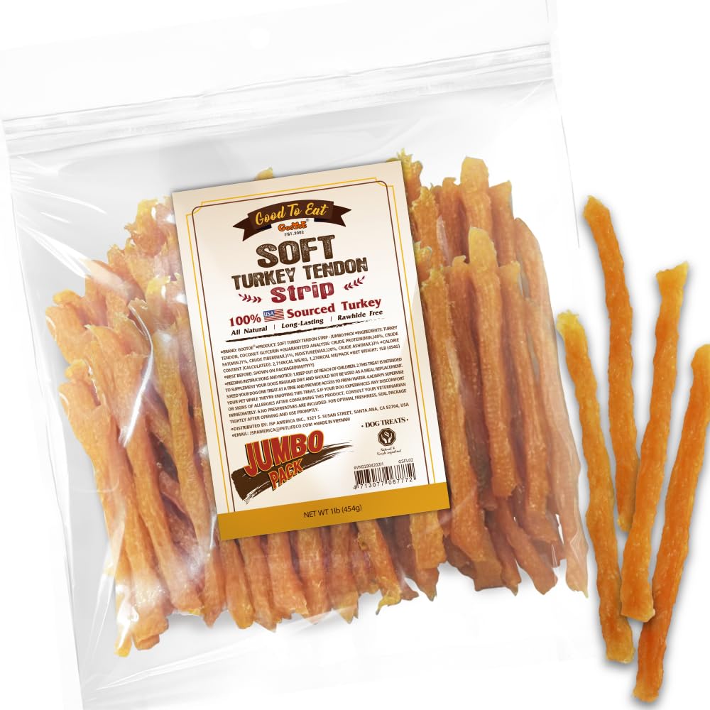 Gootoe soft turkey tendon stirip 1lb pack shown as a chewy training reward.