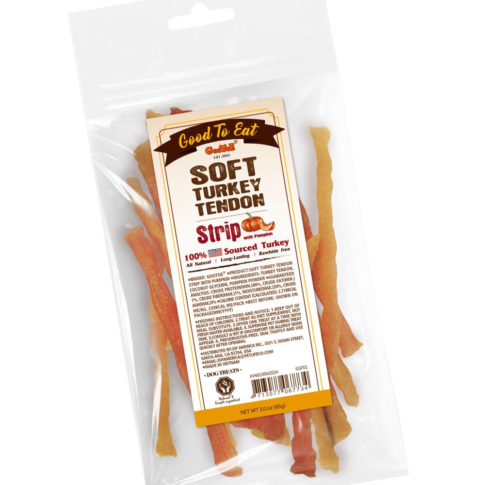 Gootoe soft turkey tendon stirip pumpkin 3oz—close-up texture shows a gentle, chew-friendly bite.