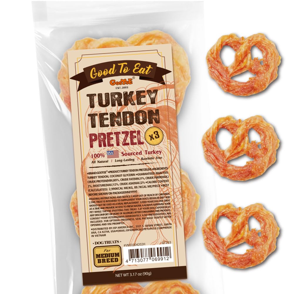 Gootoe turkey tendon 3-count pack close-up shows long-lasting chew for medium dogs