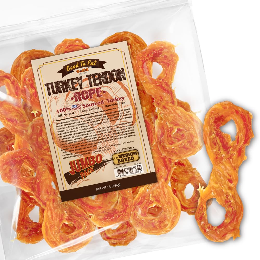 Gootoe turkey tendon dog treat pack image showing a long-lasting natural chew for dogs