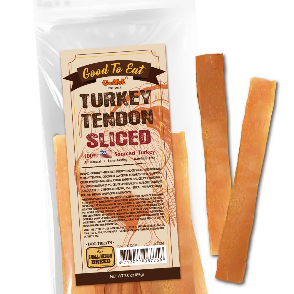 Gootoe Turkey Tendon sliced 85g pack – long-lasting chew promotes dental health for dogs.