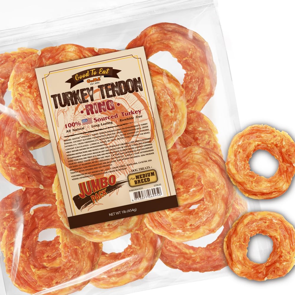 Gootoe turkey tendon image highlights USA-sourced ingredients for safer dog treats.
