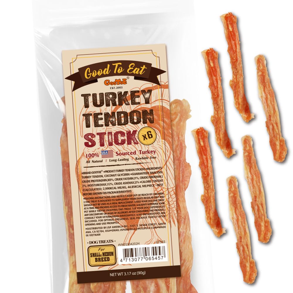 Gootoe turkey tendons dog-stick USA-sourced image shows a long-lasting chew.