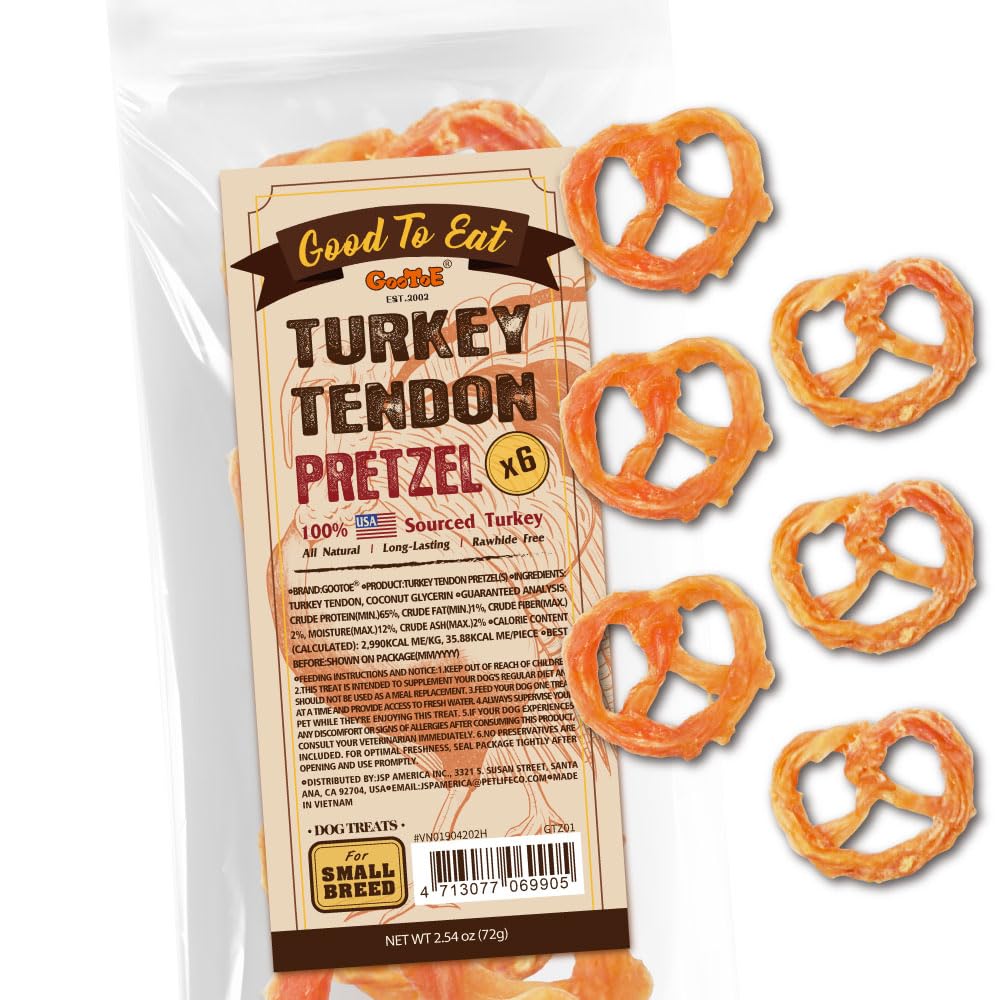 Gootoe Turkey Tendons for Dogs packaging shows a ready-to-serve 6-count pack.