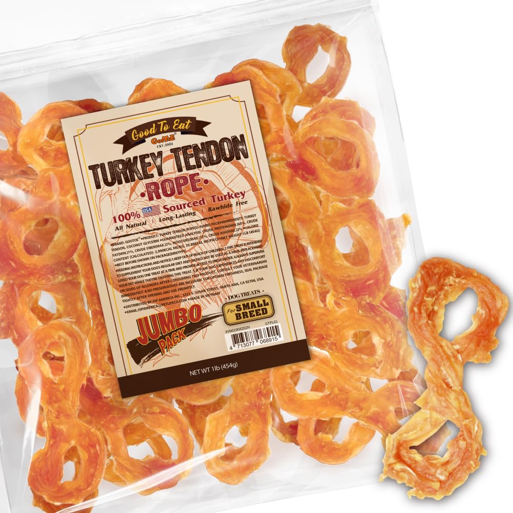 Gootoe turkey tendons packaging image shows USA-sourced ingredients for quality dog treats.