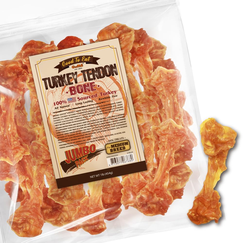 Gootoe Turkey Tendons pack front highlighting USA-sourced ingredients for a long-lasting chew.
