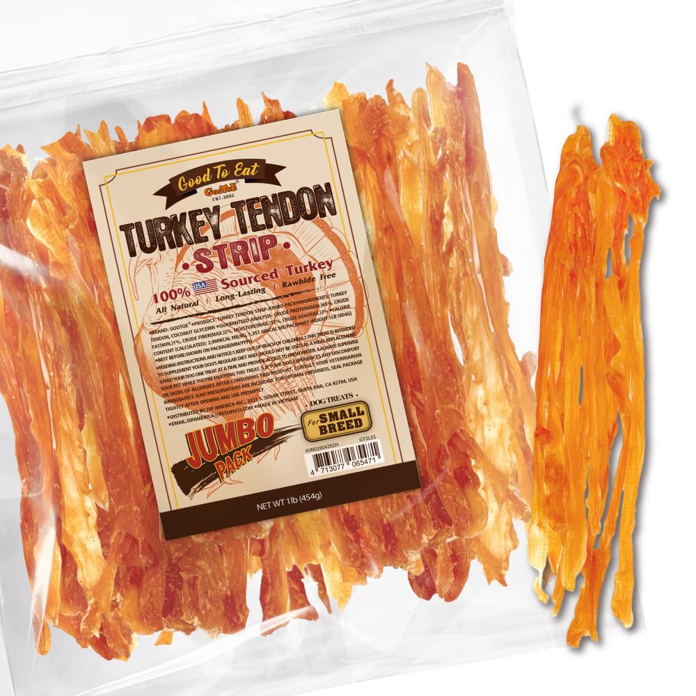 Gootoe turkey tendons packshot image showing natural dog treats for extended chewing sessions.