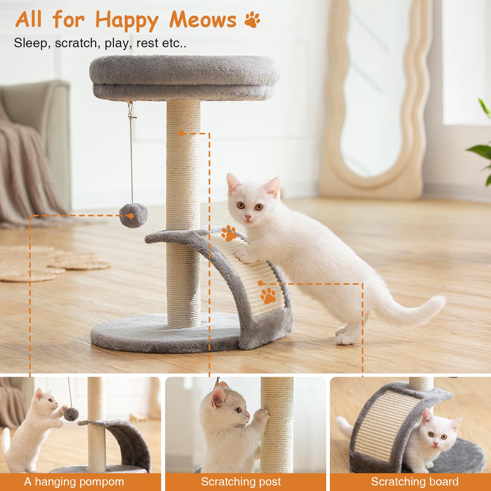 Goozii cat tower with hanging toys ball and mouse for interactive play.
