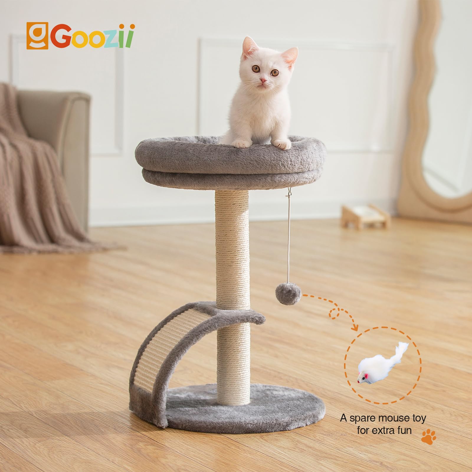 Goozii cat tree scratching post provides durable scratching surface to satisfy natural urges.
