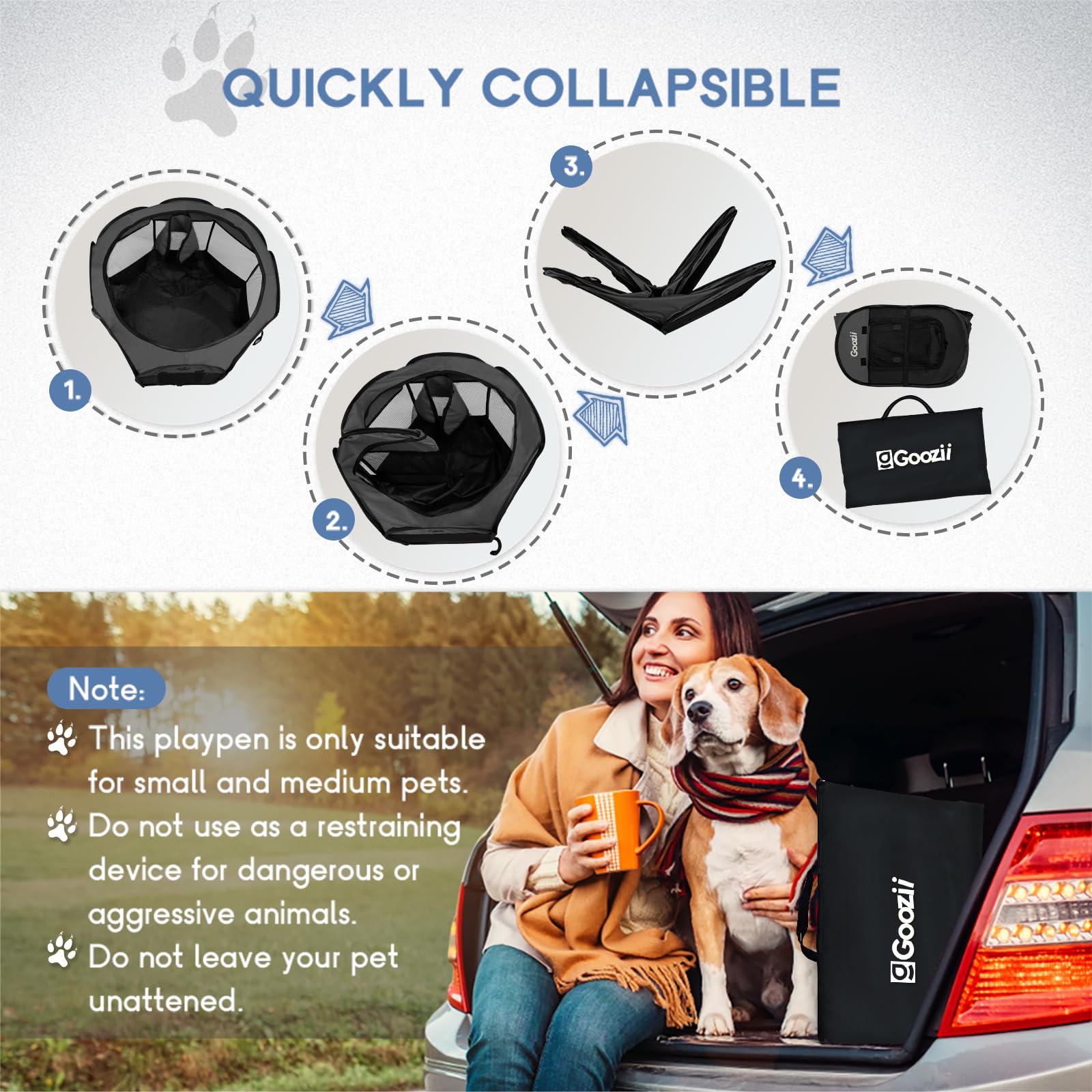 Goozii portable puppy playpen carrying case aids travel and storage.