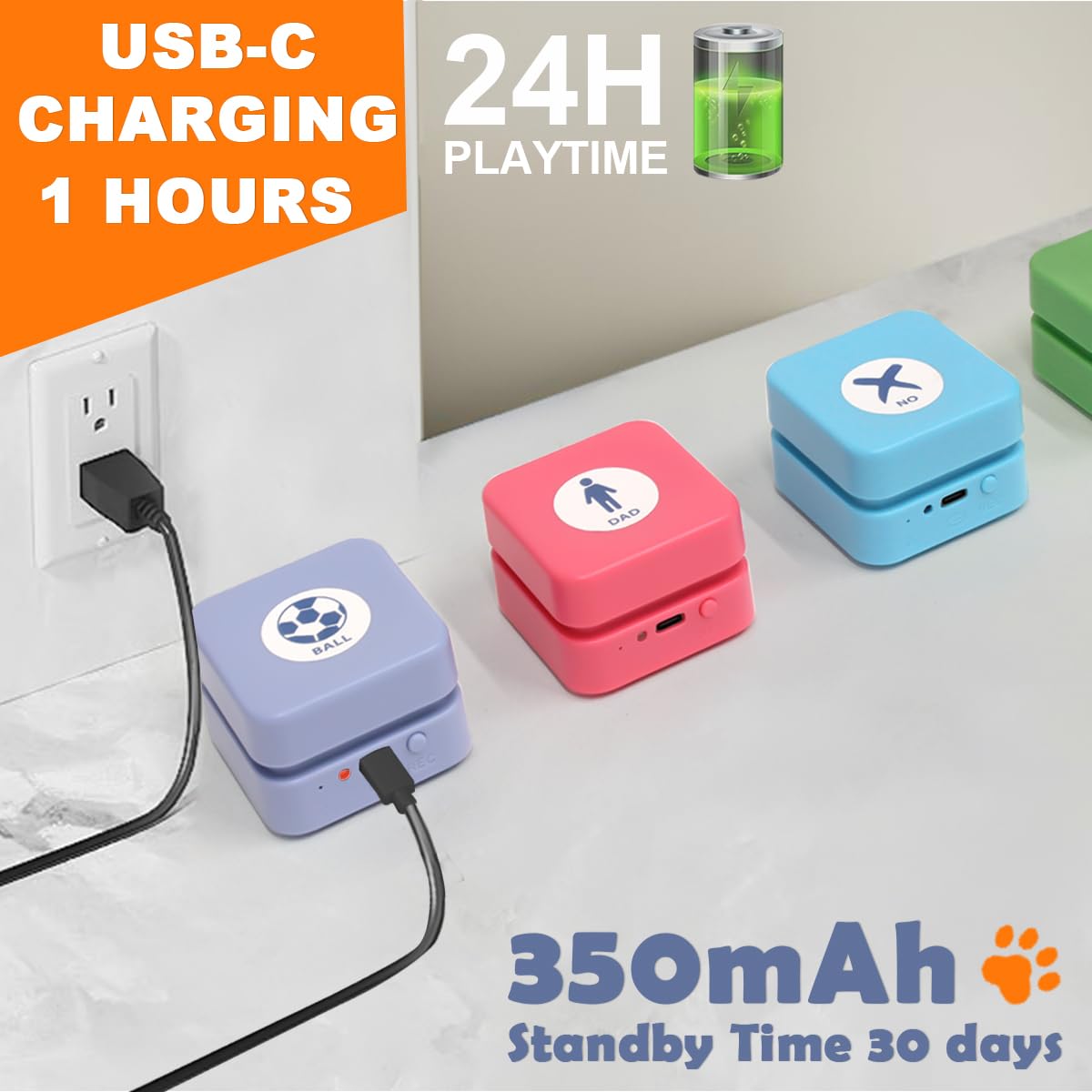 Goplemo dog buttons close-up highlights USB charging and easy recording quality