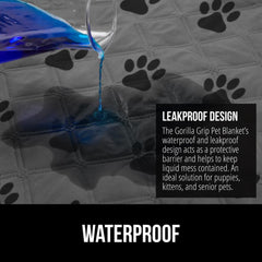 GORILLA GRIP 5-layer design cross-section highlights durable top, padding, waterproof layer, and backing.