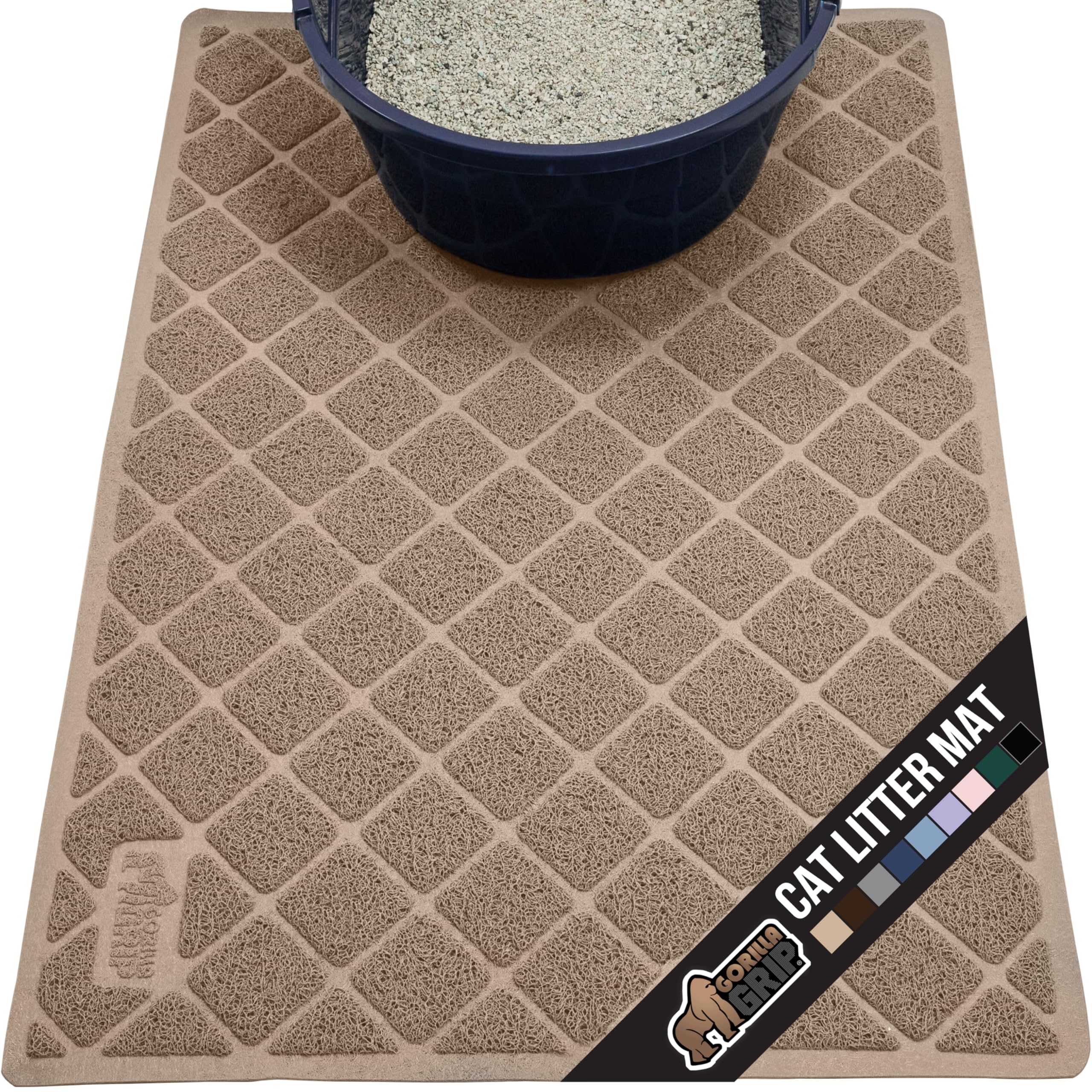 GORILLA GRIP cat litter box mat front view in beige, built for indoor cats.