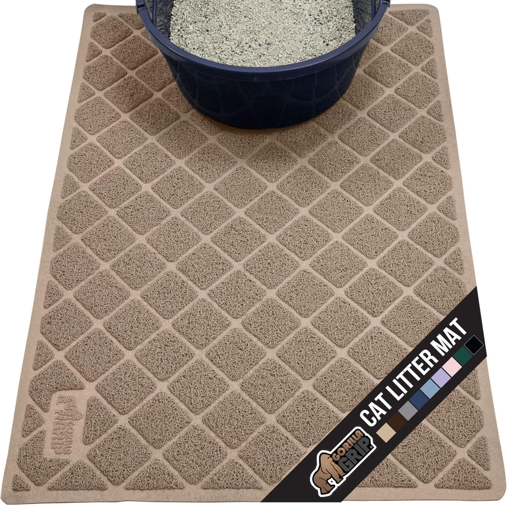 GORILLA GRIP cat litter box mat front view in beige, built for indoor cats.
