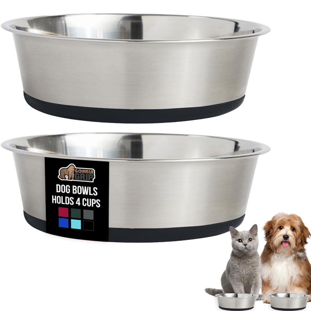 Gorilla Grip dog bowls set of two in stainless steel with a stable silicone base for quiet meals.