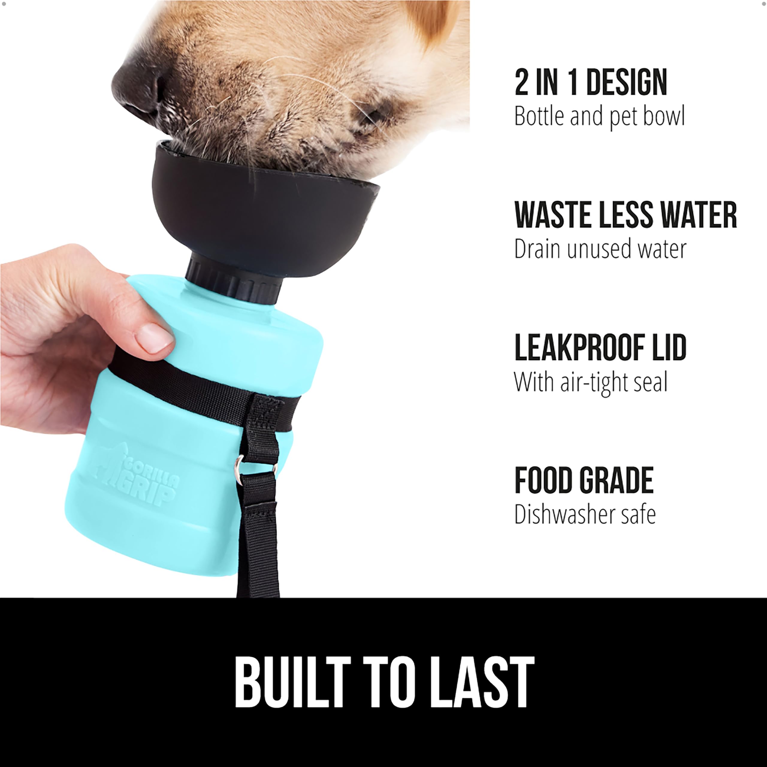 GORILLA GRIP dog water bottle bowl extended—built-in bowl for easy drinking.