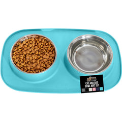 GORILLA GRIP Feeding Mat Set with turquoise bowls assembled to reduce spills during meals.