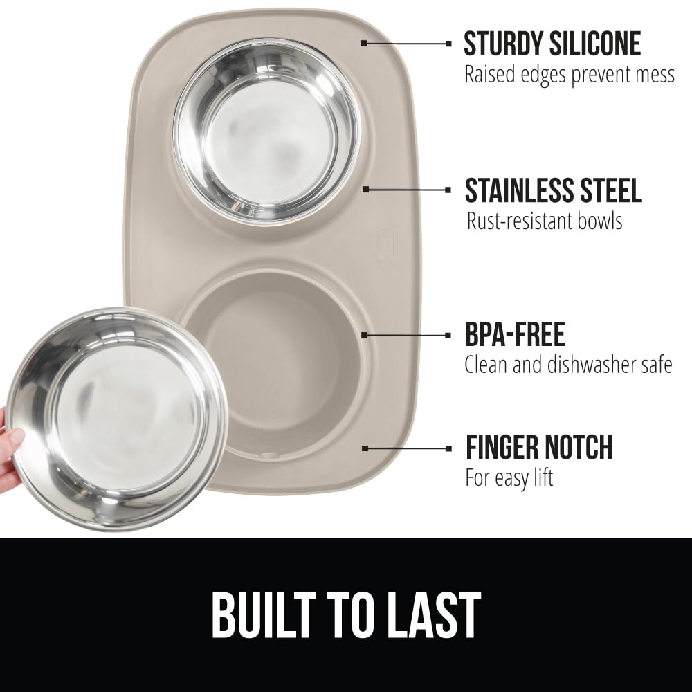GORILLA GRIP feeding mat set stainless bowls closeup emphasizes easy cleaning and durable stainless steel