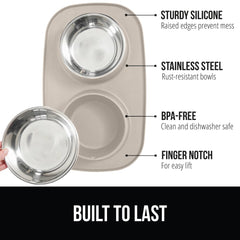 GORILLA GRIP feeding mat set stainless bowls closeup emphasizes easy cleaning and durable stainless steel