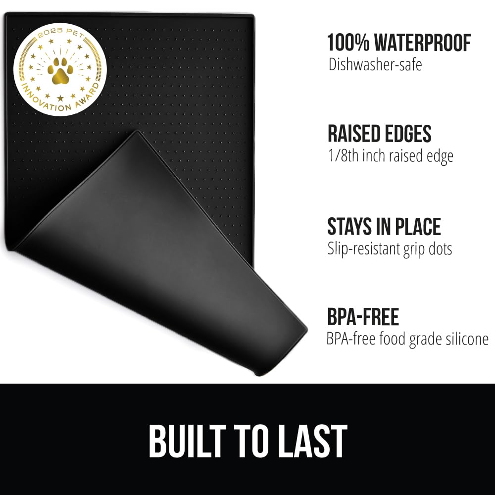 Gorilla Grip feeding mat under dog bowl keeps bowls from sliding.