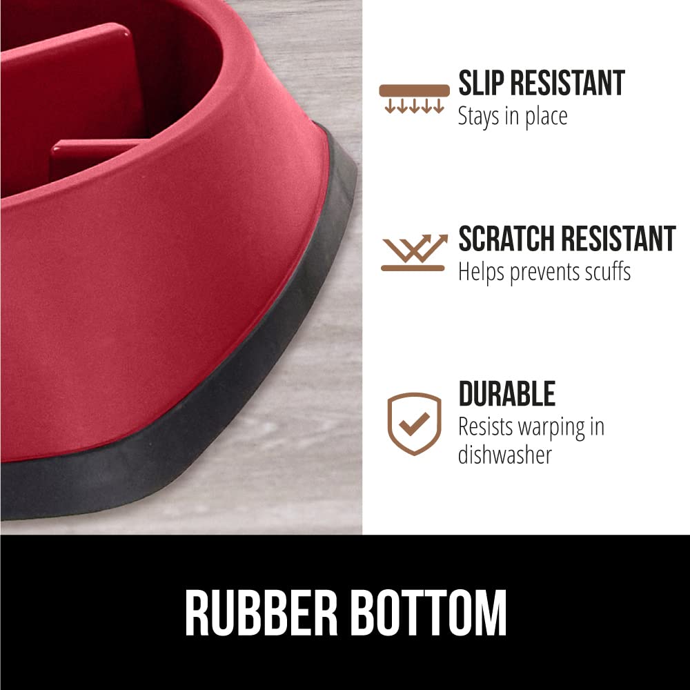 Gorilla Grip puzzle design bowl red side view; built-in obstacles for mealtime engagement.