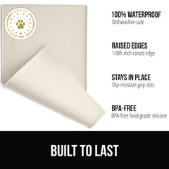 GORILLA GRIP raised-edge mat prevents spills and keeps bowls in place.