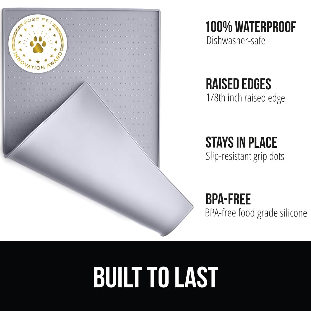GORILLA GRIP silicone dog bowl mat with slip-resistant top and raised dots keeps bowls in place.