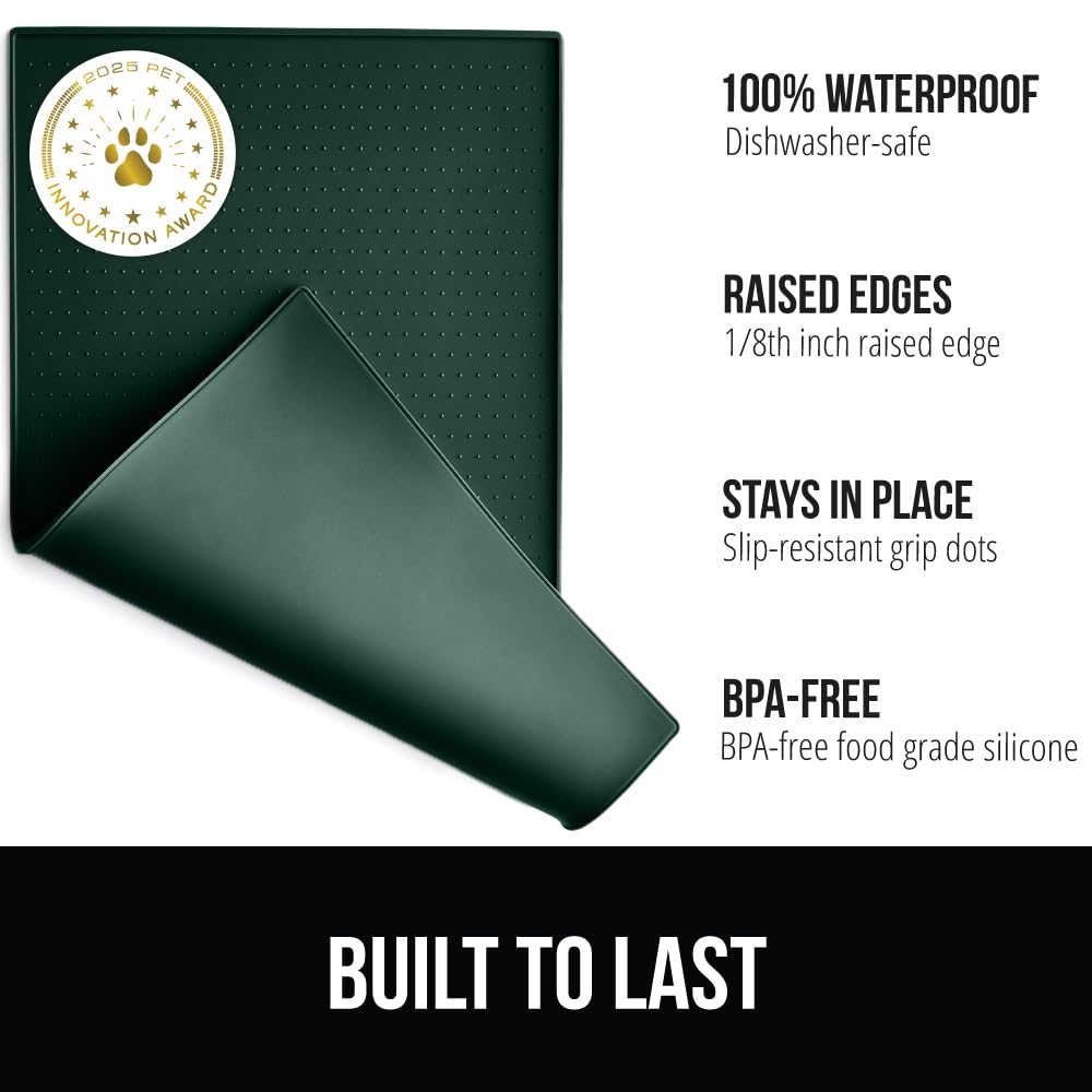 GORILLA GRIP slip-resistant-topside mat keeps bowls steady for mess-free feeding.