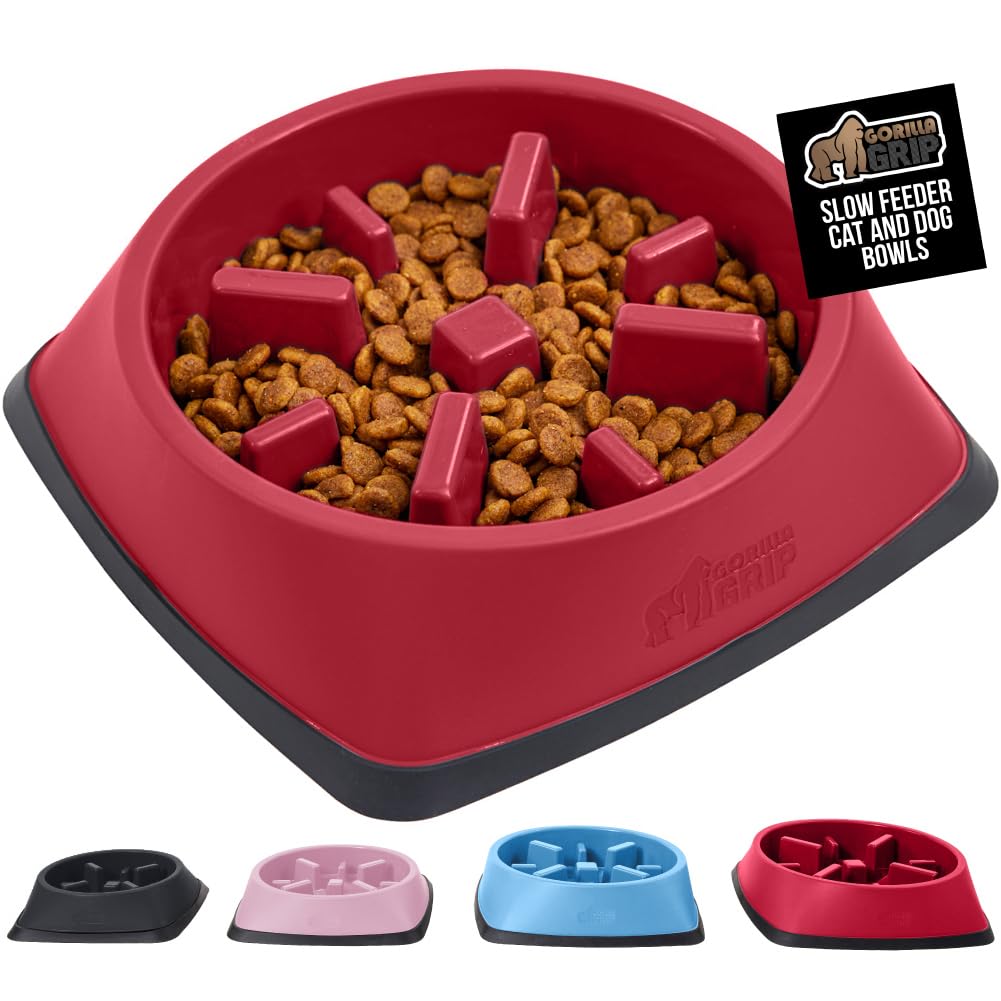 Gorilla Grip slow-feeder bowl red front view; helps slow eating for steadier digestion.