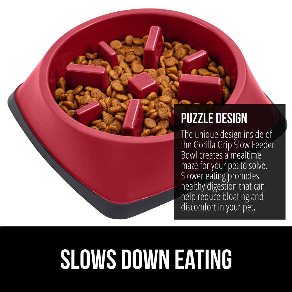 Gorilla Grip slow-feeder bowl red interior; puzzle elements challenging feeding behavior.