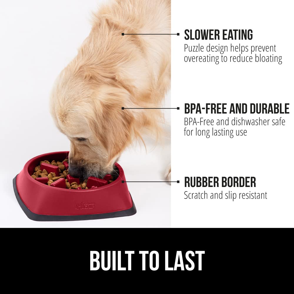 Gorilla Grip slow-feeder bowl red top view; engaging maze for meal-time focus.